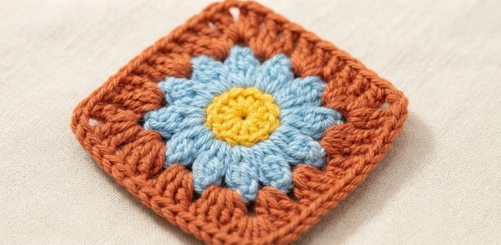 Completed crocheted daisy granny square with light blue petals, a yellow center and a terracotta square border lying on beige fabric