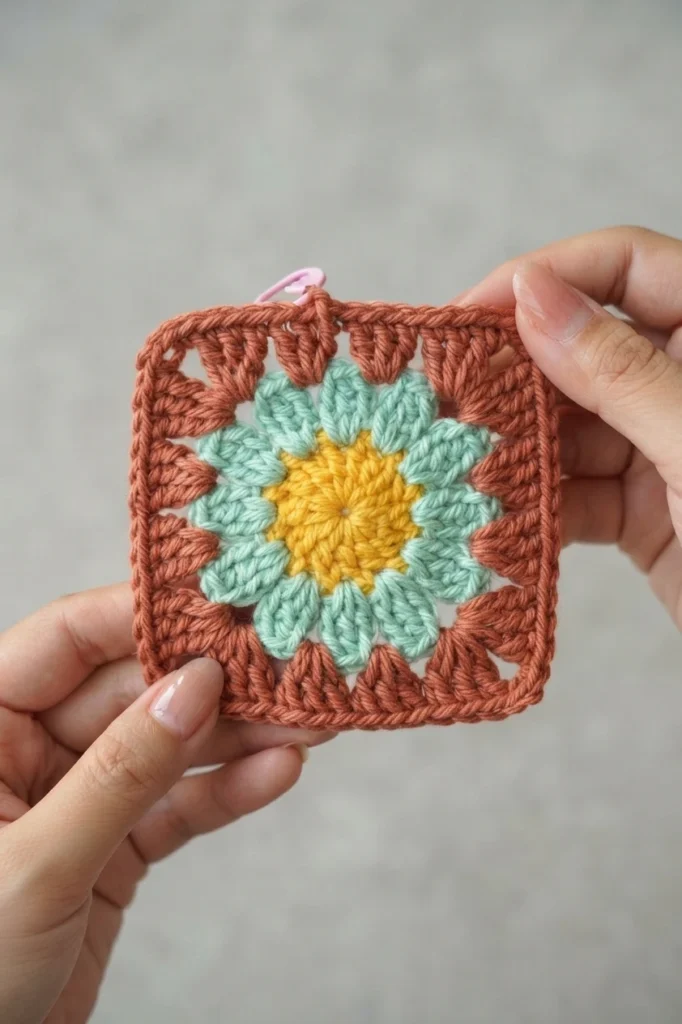 Hands holding a small crocheted granny square with a yellow flower center, mint-green petals and a terracotta square border, with a pink stitch marker.