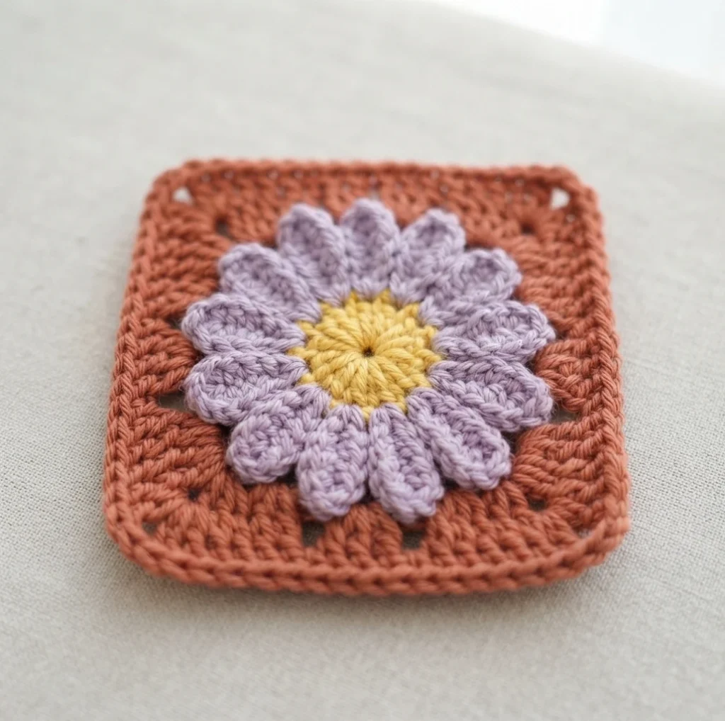 A crocheted daisy granny square with lavender petals, a yellow center and a terracotta border