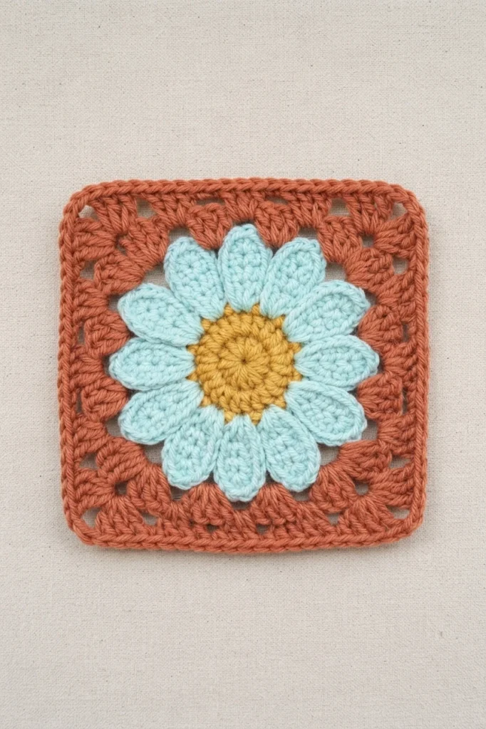 Finished daisy granny square lying flat on a light fabric background, with mint green petals, a yellow center and a terracotta granny square border.