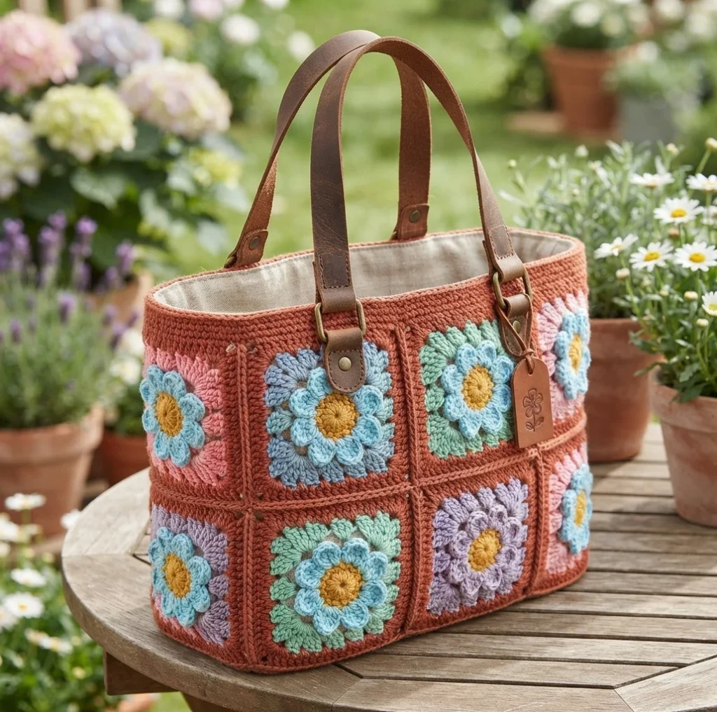 Crocheted tote bag with colorful daisy granny squares in pink, blue, green and lavender on a terracotta background, with leather handles and a small leather tag, on a wooden garden table.