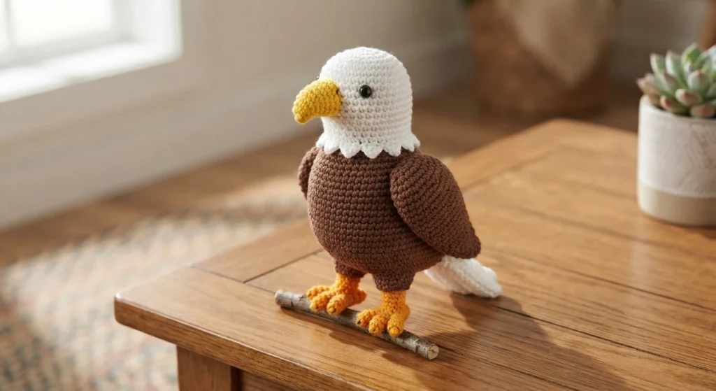 Crochet bald eagle with white head, brown body and yellow beak standing on a small twig on a wooden table