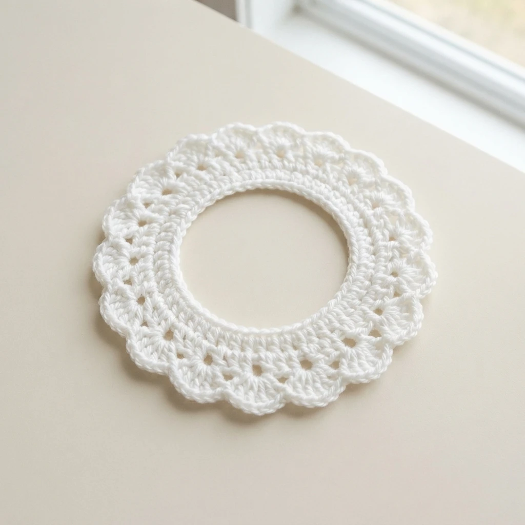 White crocheted circular neck feather piece with a scalloped openwork edge lying flat on a pale surface