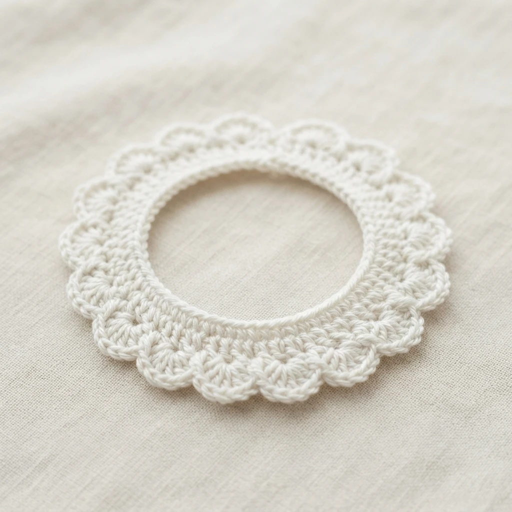 White crocheted circular collar with a scalloped edge lying flat on beige fabric