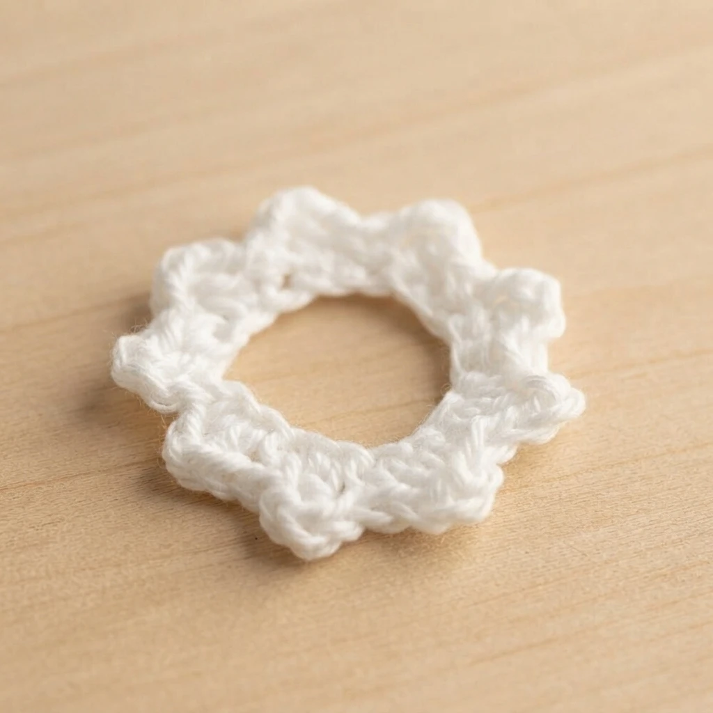A white crocheted circular neck feather piece with a scalloped edge lying on a light wood surface