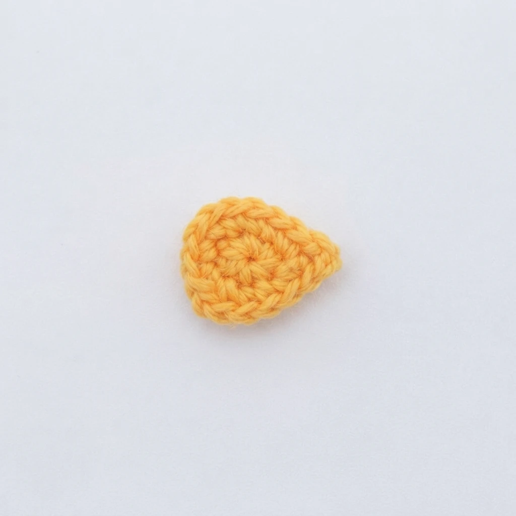 Small yellow orange crochet beak piece in a pointed teardrop shape on a white background