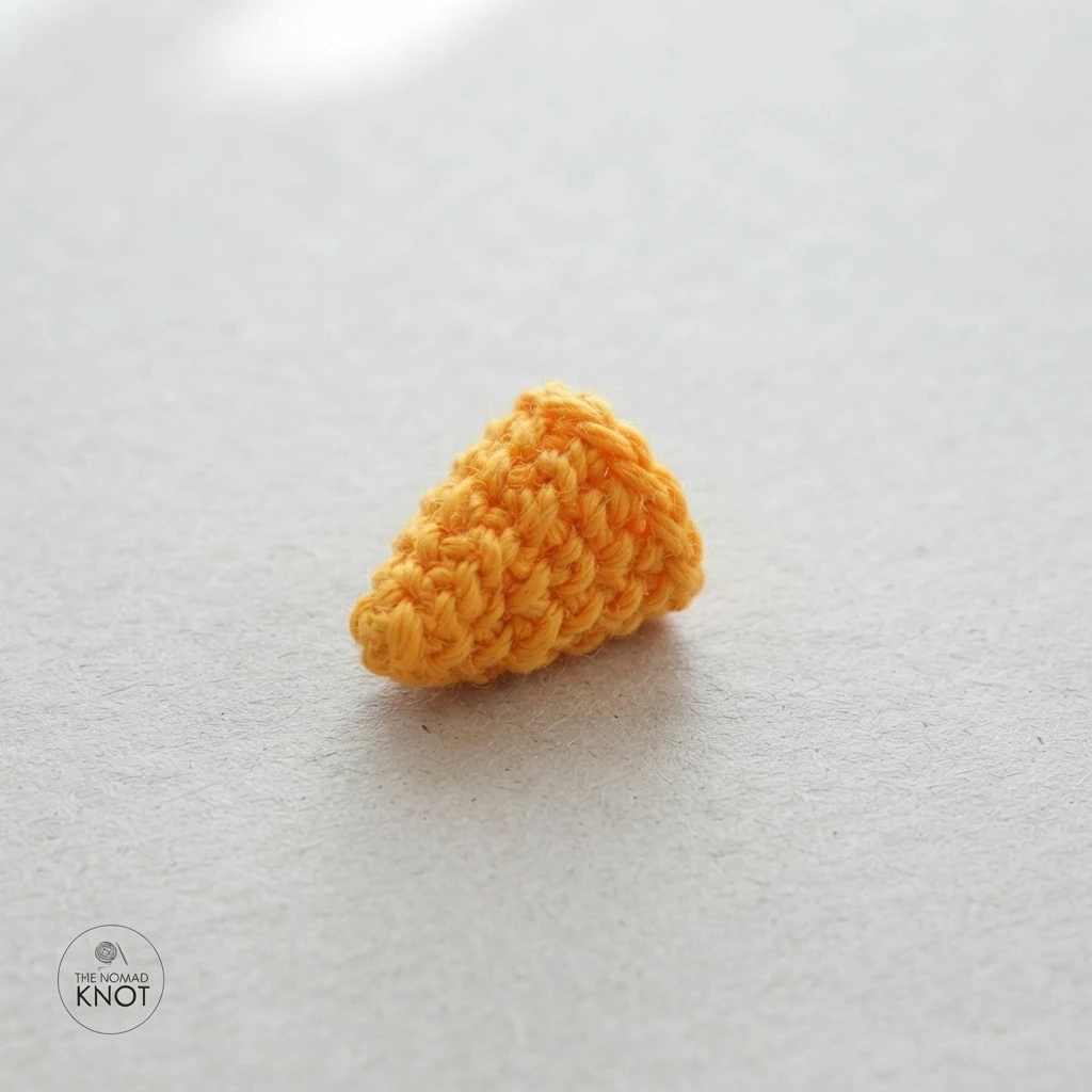 A small finished crochet beak in orange yellow yarn, shaped like a cone and resting alone on a light grey surface.