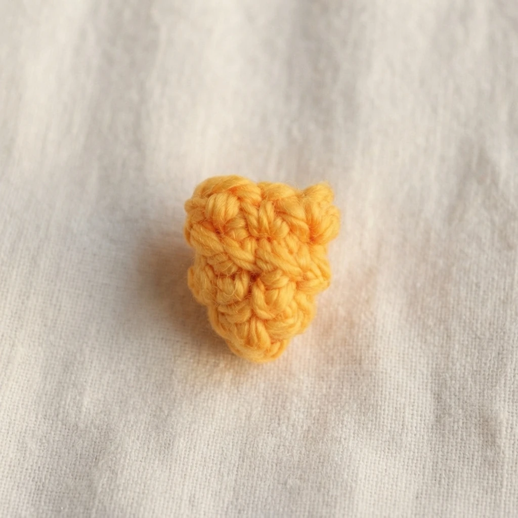 Small yellow crocheted beak piece on a light fabric background