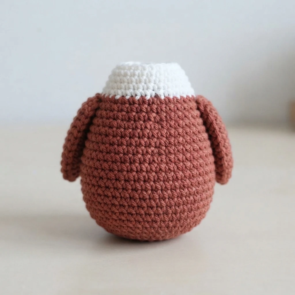 Rounded brown crochet eagle body with a white top and small brown wings on both sides on a light surface