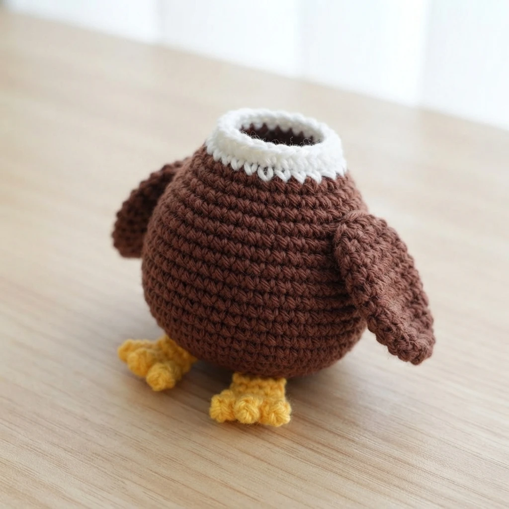 Brown crochet eagle body with white collar, brown side wings and yellow feet on a wooden table, head not yet attached