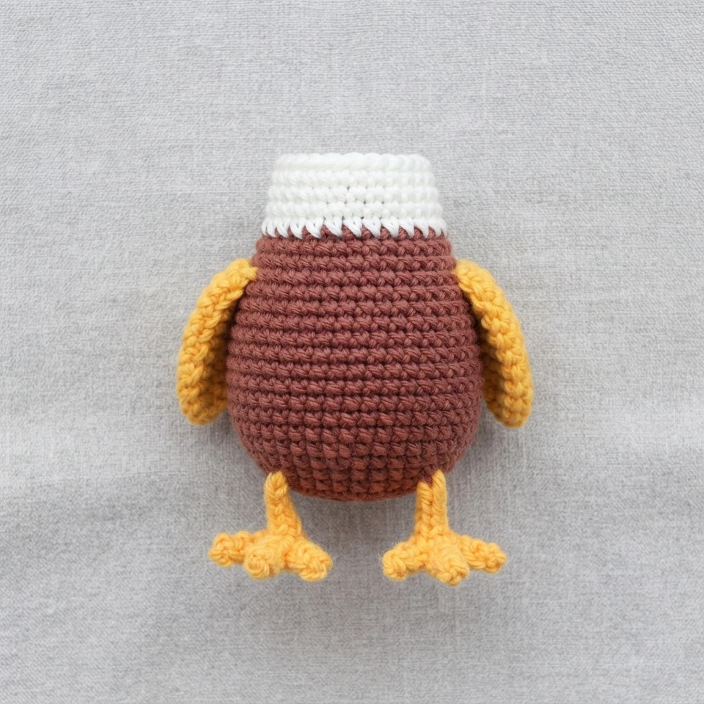Crocheted brown eagle body with a white top edge, yellow wings at the sides and yellow feet below, on a grey fabric background