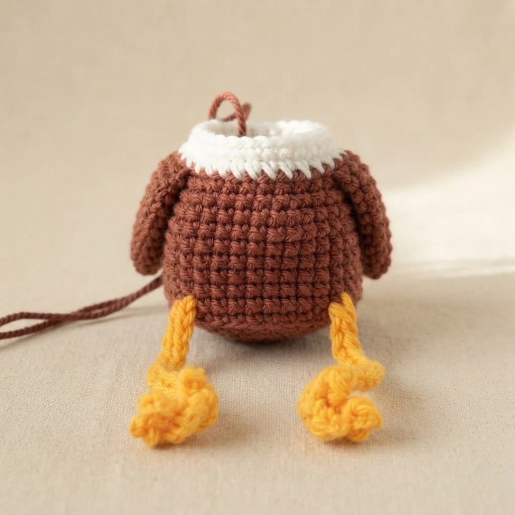 Crochet eagle body in progress with a brown body, white collar, small brown wings and yellow legs and feet