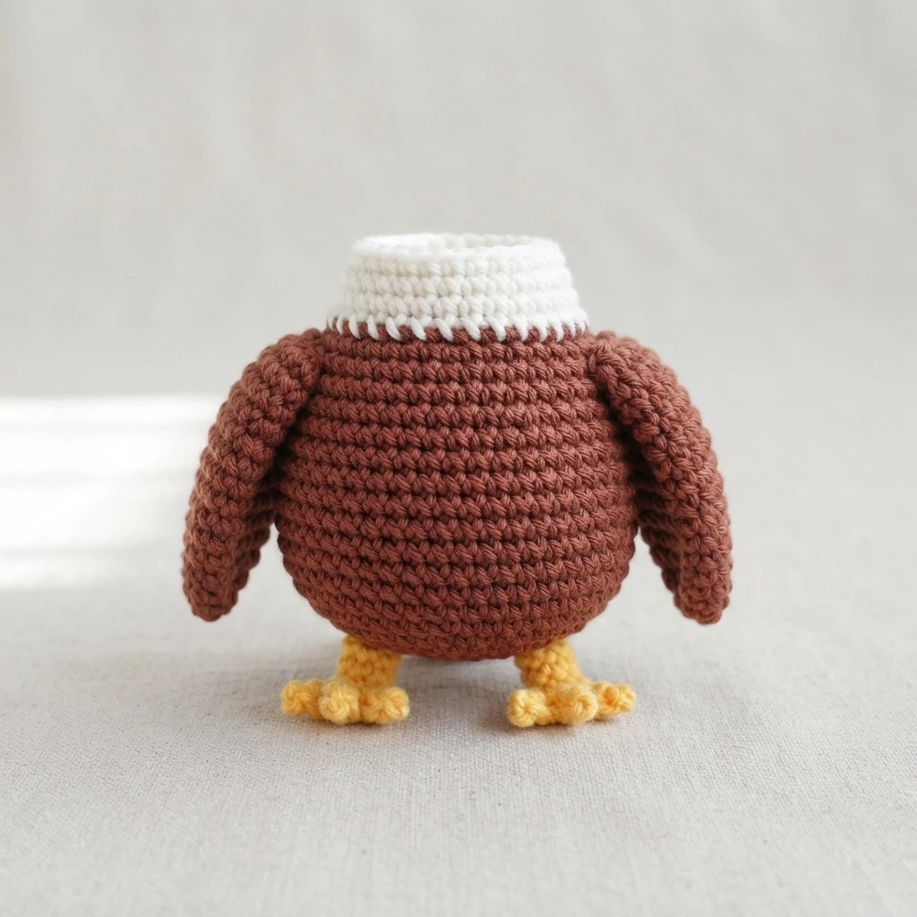 Crochet eagle body in brown with a white collar on top, brown wings at the sides and yellow feet, without the head