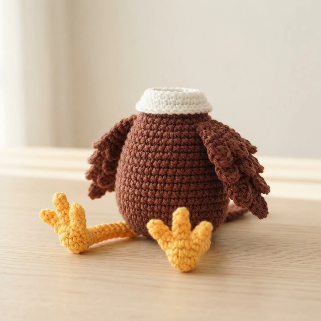 Crochet eagle body in brown yarn with a white collar, brown wings and yellow feet on a wooden surface, head not yet attached