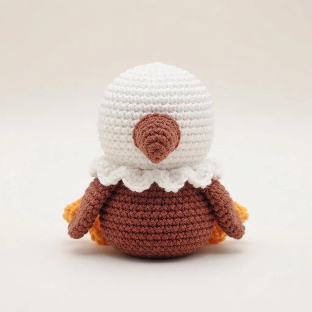Finished crochet eagle with a white round head, a brown central beak shape, a white ruffled collar, a brown body and wings, and orange feet peeking out at the sides on a plain light background