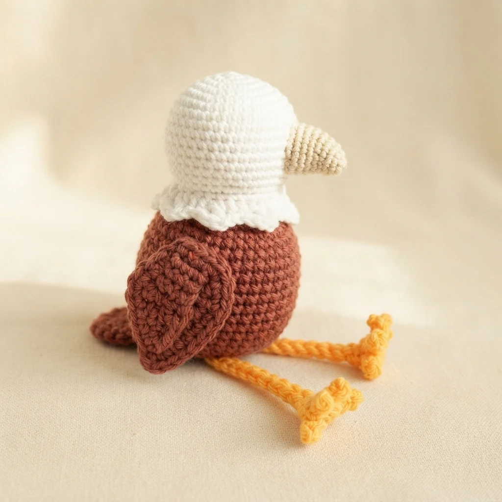 Crochet eagle in side view with a white head, beige beak, white neck ruffle, brown body and wing, and long yellow legs on a beige fabric background