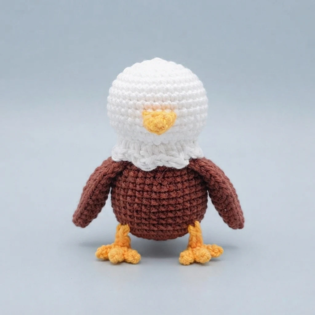 Crochet eagle with a round white head, yellow beak, brown body and wings, and yellow feet standing on a pale blue background