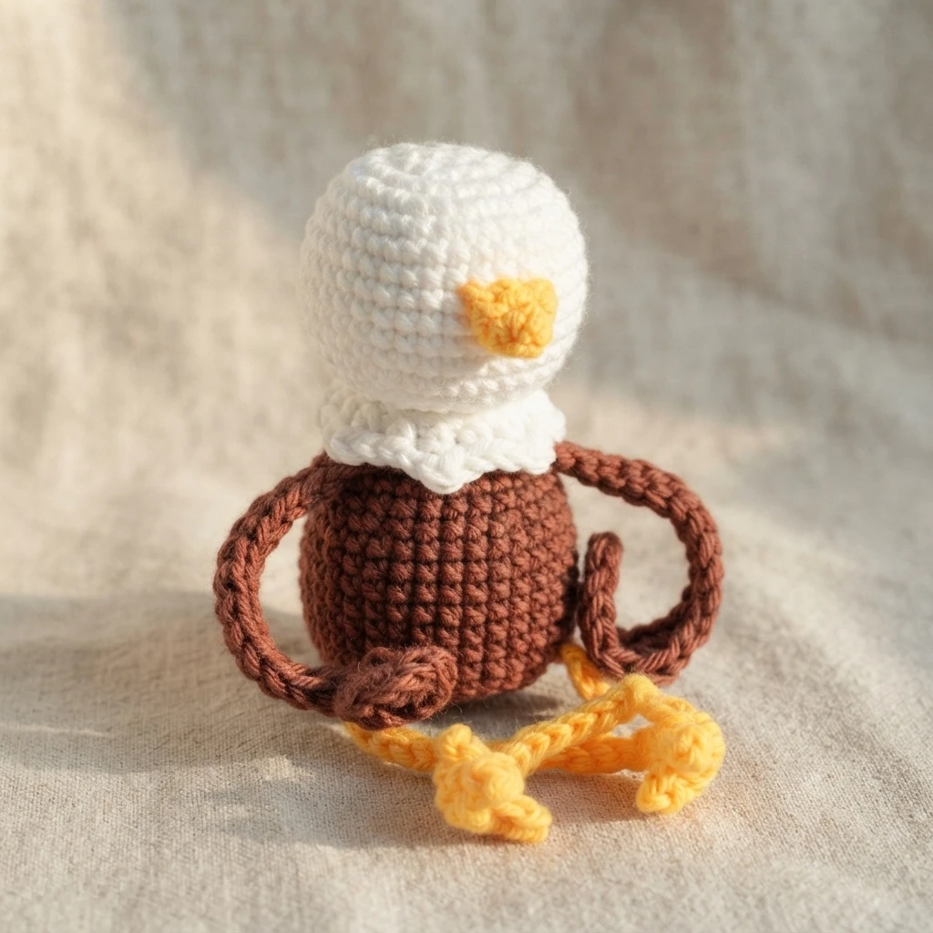 Crochet eagle in progress seen from behind, with a white head and yellow beak, brown body and looped wings, white neck feathers and yellow legs on a light fabric background