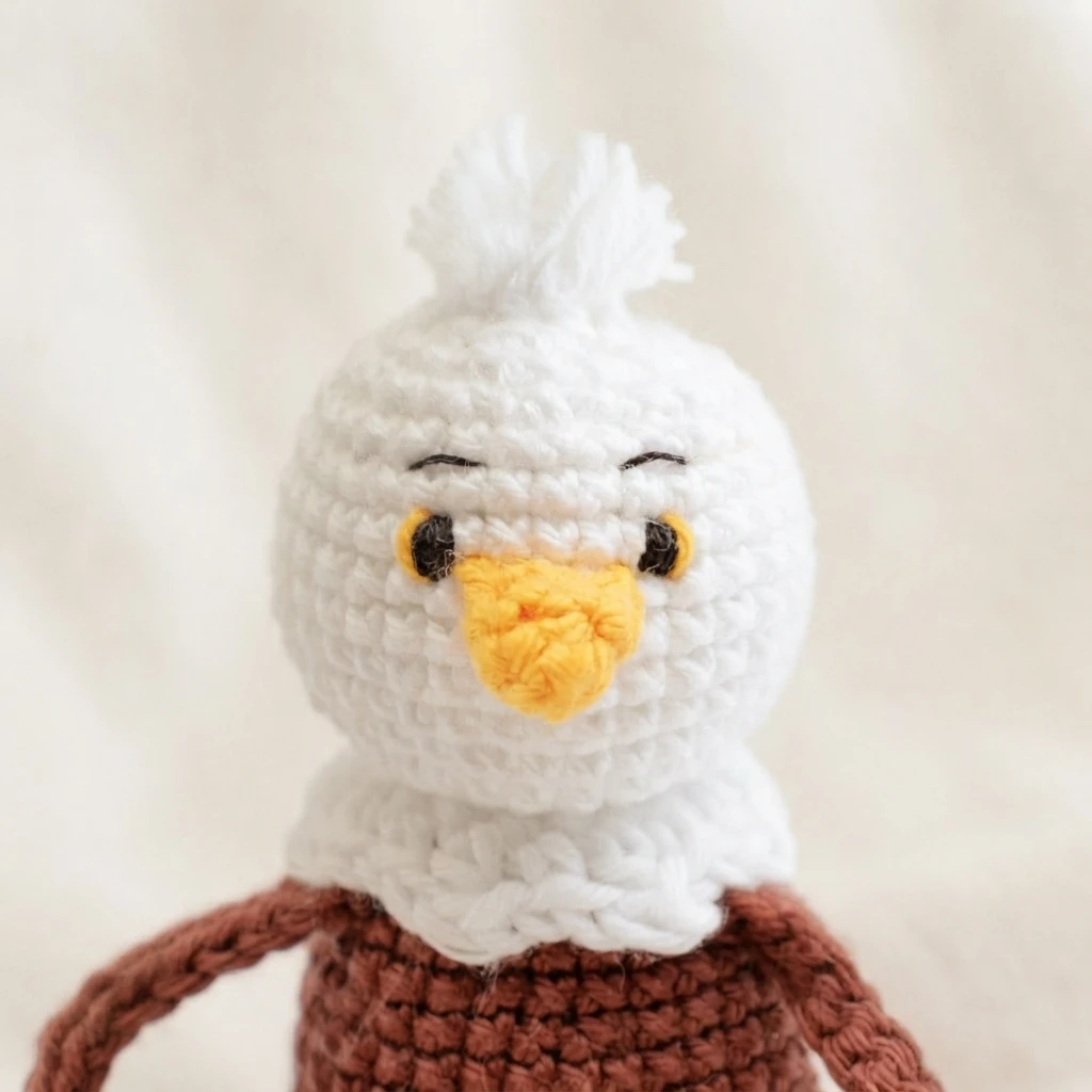 Close-up of a crochet eagle head in white yarn with a yellow beak, black eyes, white neck feathers and the top of a brown body