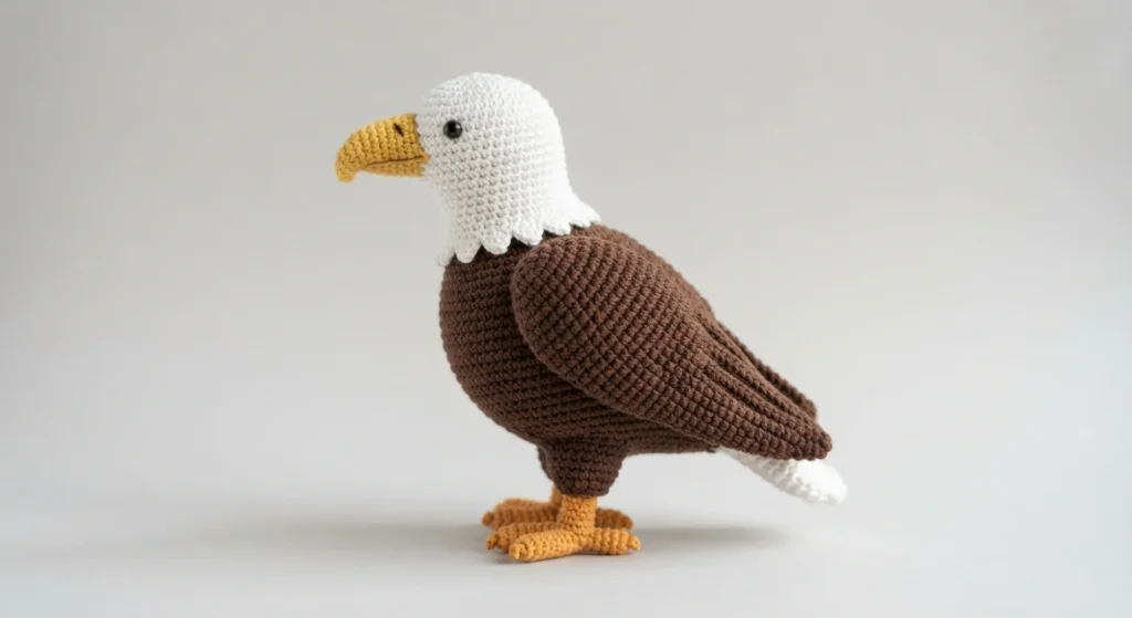 Crocheted bald eagle in profile with a white head, yellow beak, brown body and wing, white tail and orange feet on a plain light background