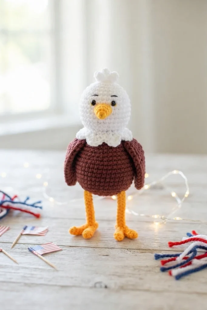 Crochet eagle amigurumi with a white head, brown body and yellow legs standing on a wooden surface with small American flags