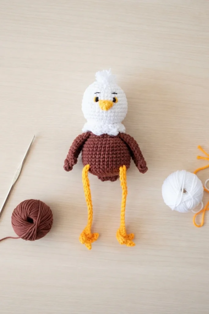 Crochet eagle with a white head, brown body and long yellow legs lying on a light wood surface beside yarn balls and a crochet hook
