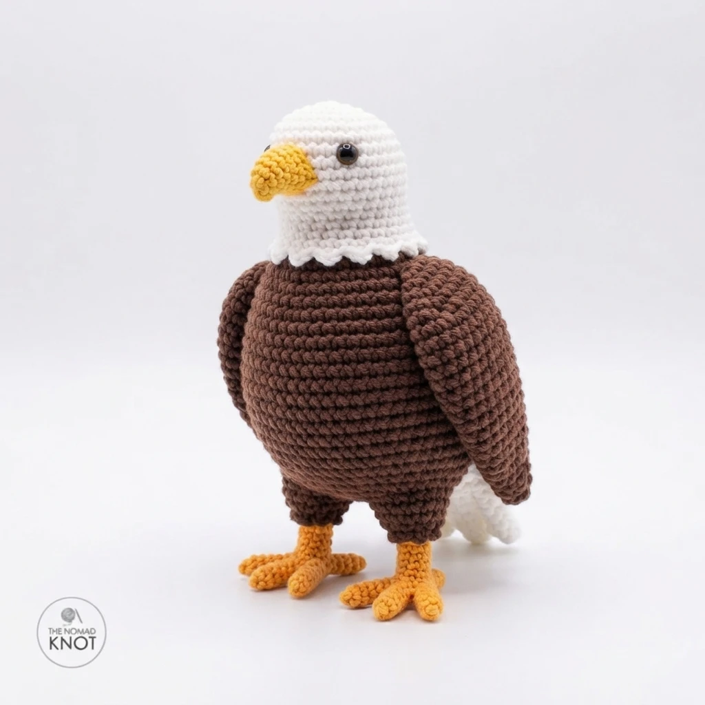 Finished crochet eagle with a white head, yellow beak, brown body and wings, and orange feet standing on a white background