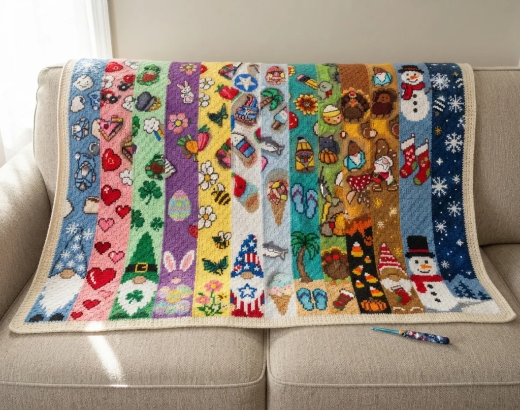 A multicolored crochet blanket with narrow vertical panels of seasonal motifs draped over a sofa, with a crochet hook on the seat.