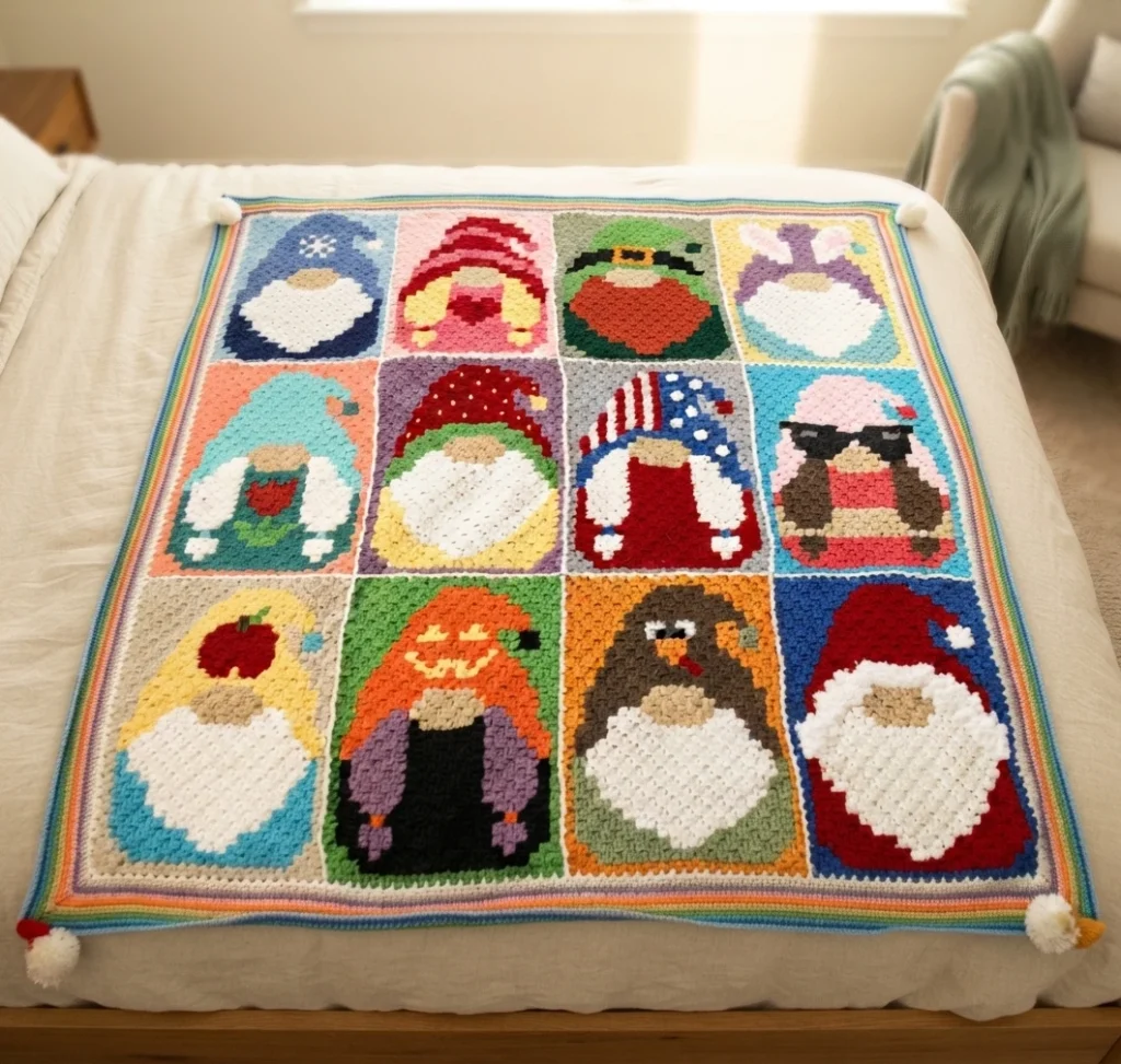Couverture au crochet composée de douze panneaux colorés représentant des gnomes, avec une bordure multicolore et des pompons aux coins, étendue sur un lit.