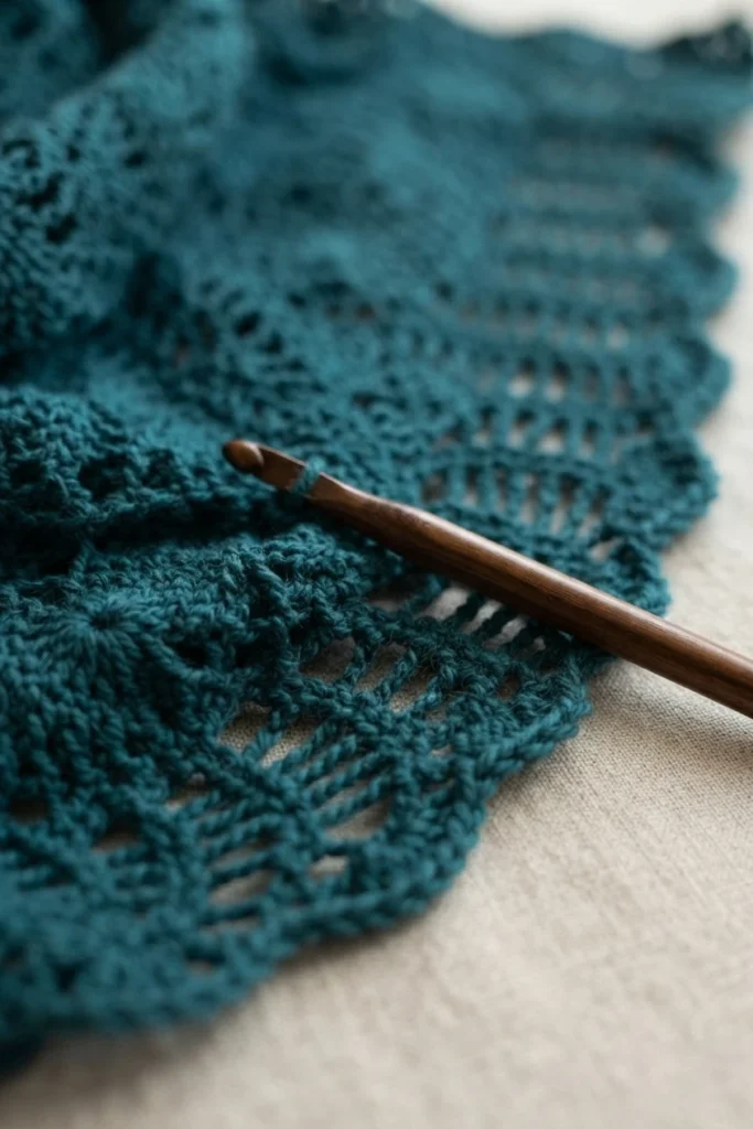 Dark teal crocheted lace shawl with wavy feather and fan stitch pattern laid flat on beige linen fabric, a wooden crochet hook resting across the openwork fabric