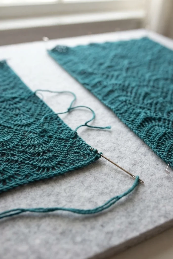 Finished teal crochet shawl with feather and fan lace pattern laid flat on a light surface, with a yarn needle and loose yarn ends resting beside it