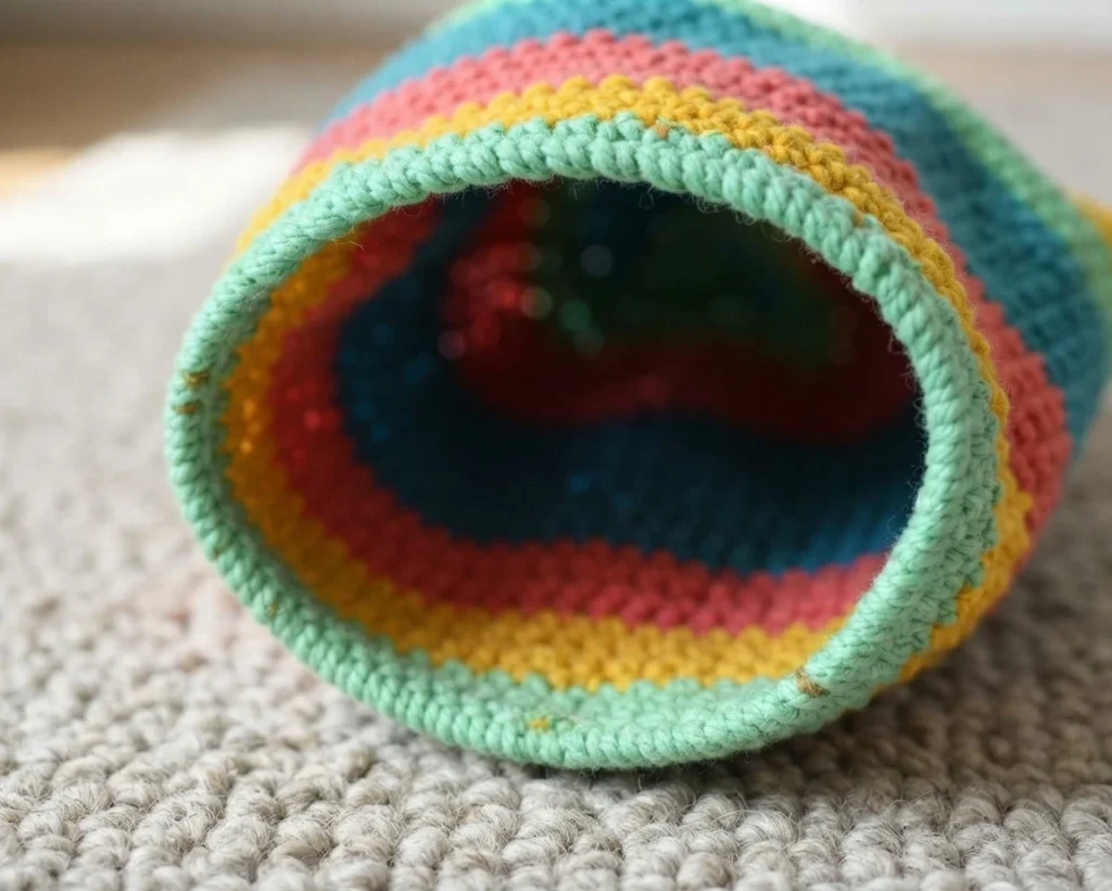 Crocheted tunnel hideaway in rainbow stripes of mint green, yellow, pink and teal resting on a textured rug