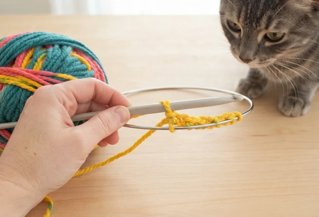 Hand holding a crochet hook working yellow stitches around a metal hoop, with a ball of colorful yarn and a curious cat watching nearby.