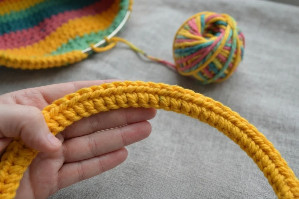 Close-up of a hand holding a metal hoop with yellow single crochet stitches worked around it, with a colorful striped crochet tunnel piece and a ball of variegated yarn in the background.