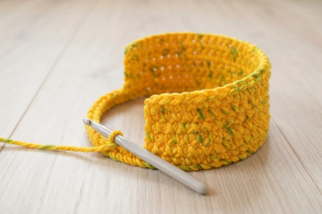 Work in progress crochet tunnel in yellow yarn with green flecks worked in a spiral around a metal hoop, with a crochet hook in the stitches, on a light wooden surface.