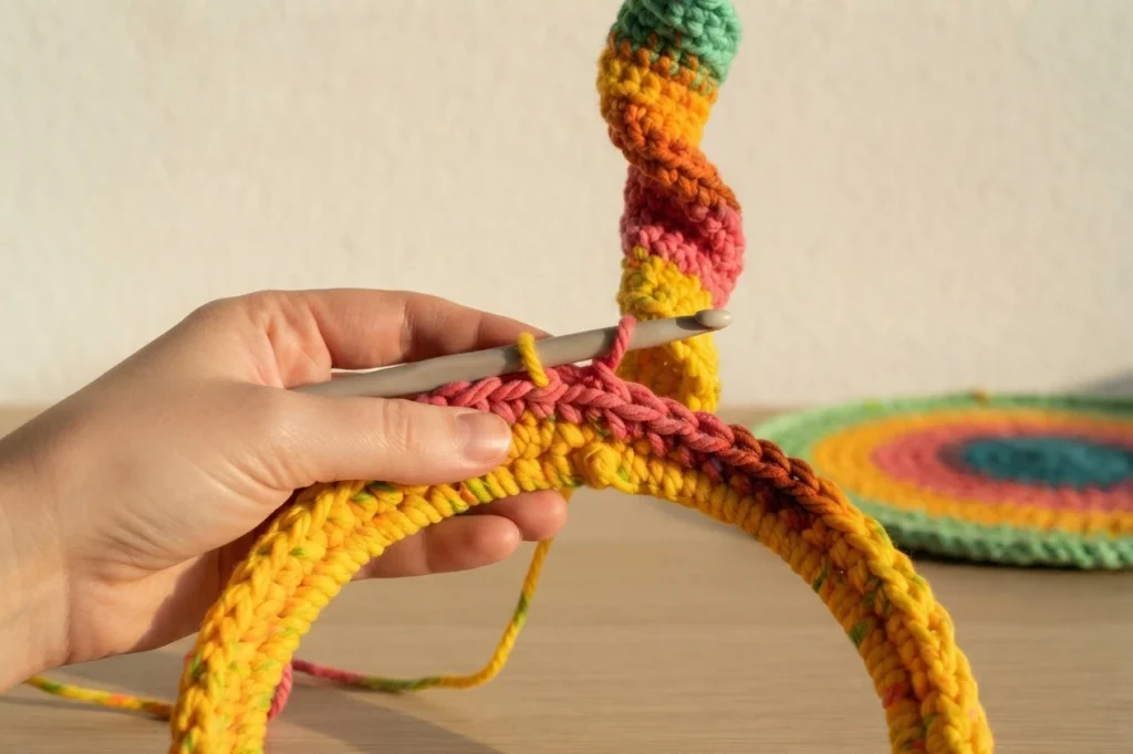 A hand crocheting in a spiral around a hoop with rainbow yarn in progress