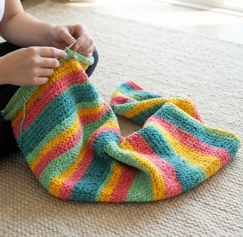 Hands crocheting a striped crochet tube in pink, yellow, teal and mint on a beige rug.