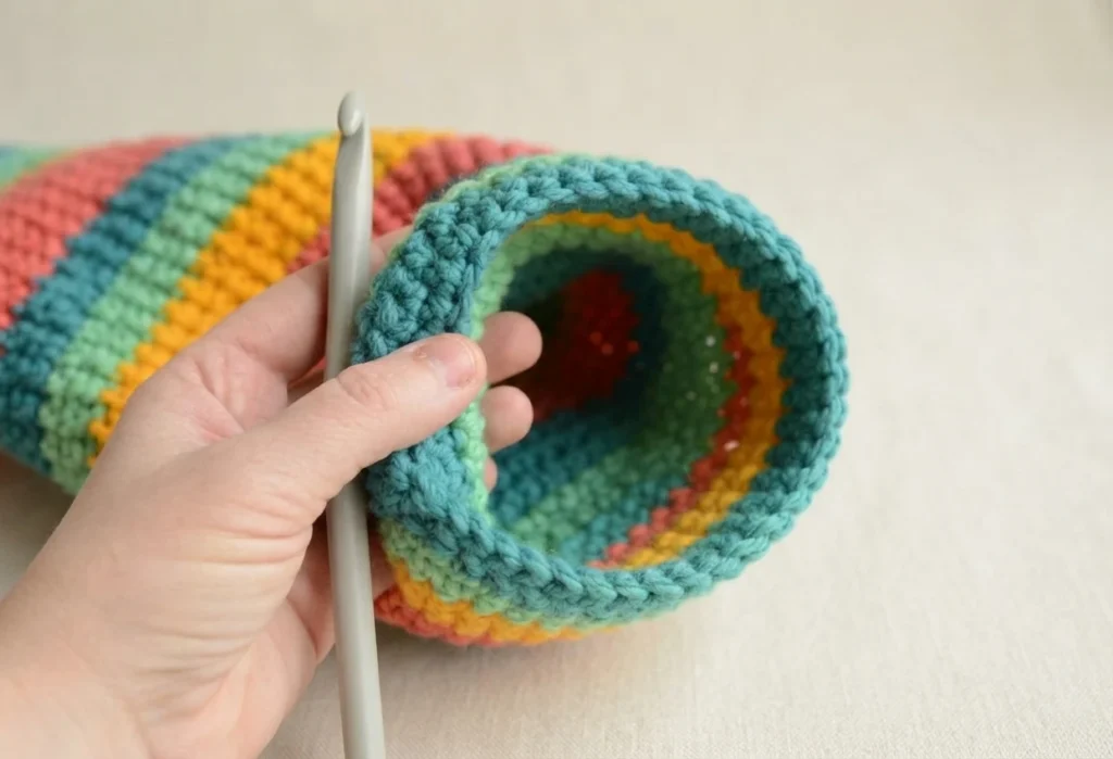 Hand holding open a striped crochet tunnel sack in teal, green, yellow and pink, with a crochet hook resting against it.