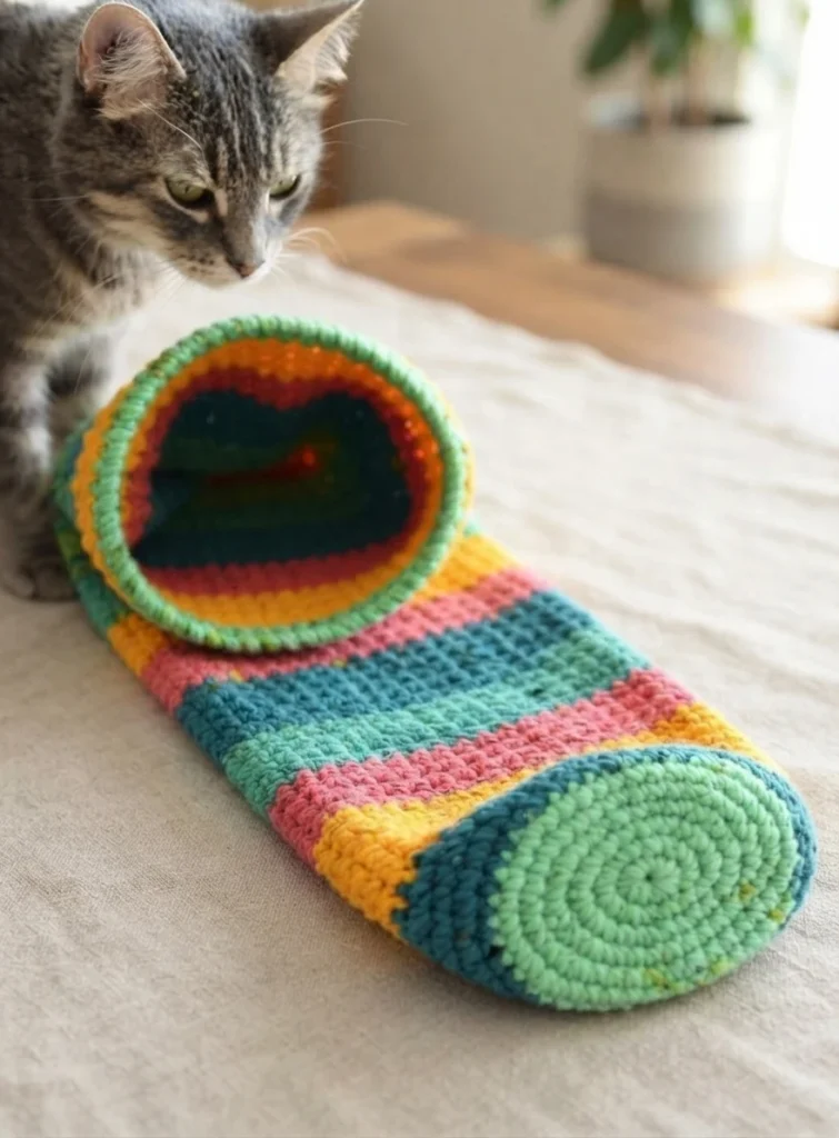 A gray tabby cat beside a rainbow-striped crochet tunnel sack with one closed end, resting on a linen cloth.