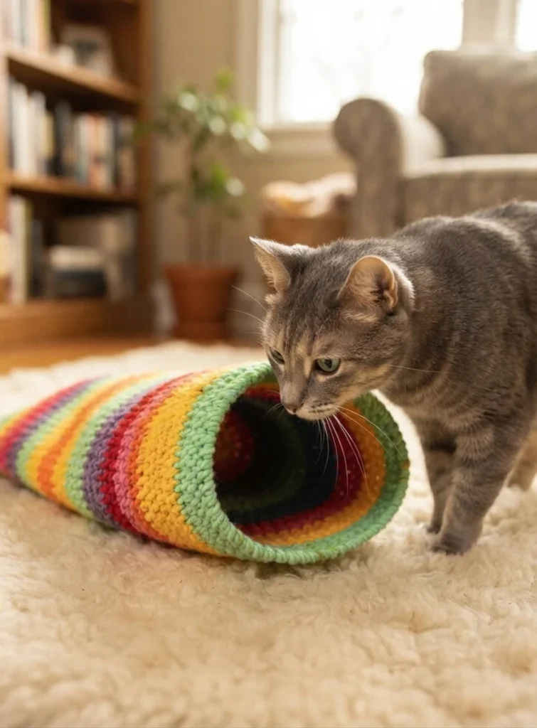 A gray tabby cat sniffing the open end of a colorful striped crochet tunnel sack lying on a rug in a living room.