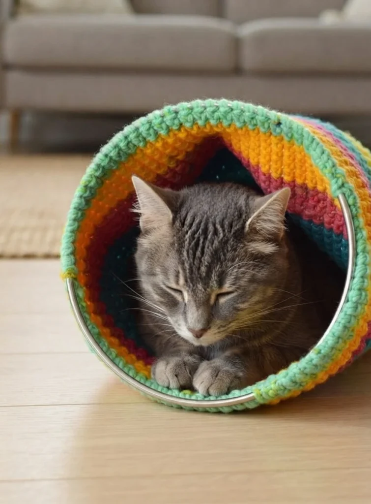A gray tabby cat resting inside a colorful striped crochet cat tunnel with green, yellow, red and teal bands, a metal hoop visible at the tunnel entrance