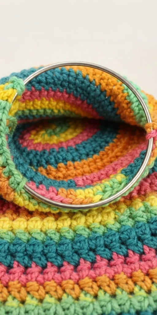Close-up of a colorful striped crochet cat sack tunnel with a metal hoop holding the round opening, looking into the tube