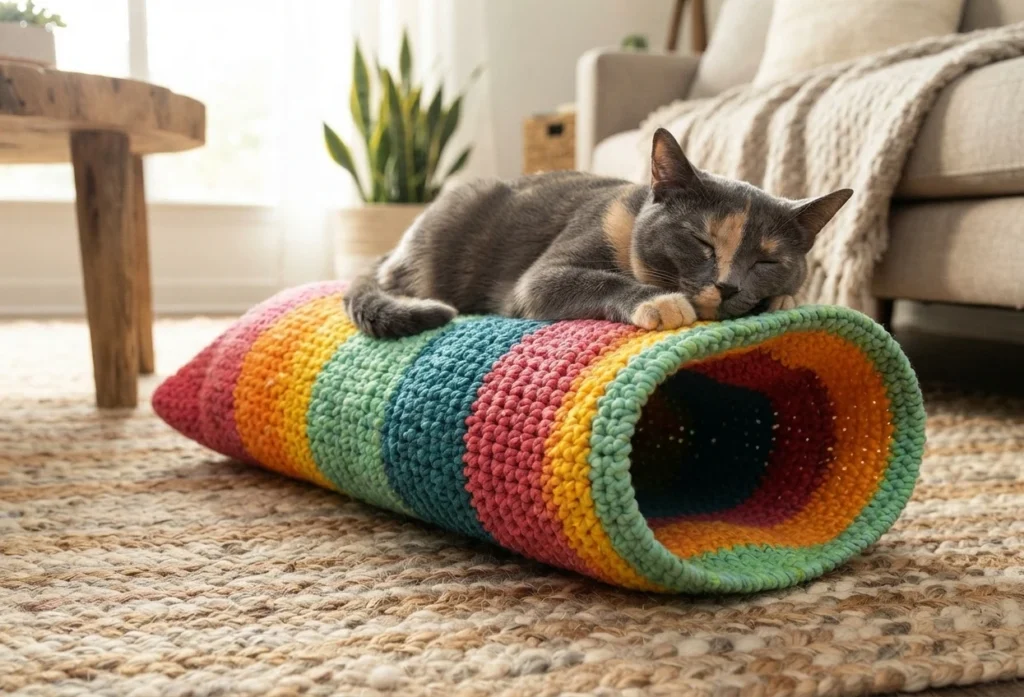 Gray cat resting on top of a colorful striped crochet tunnel in a bright living room.