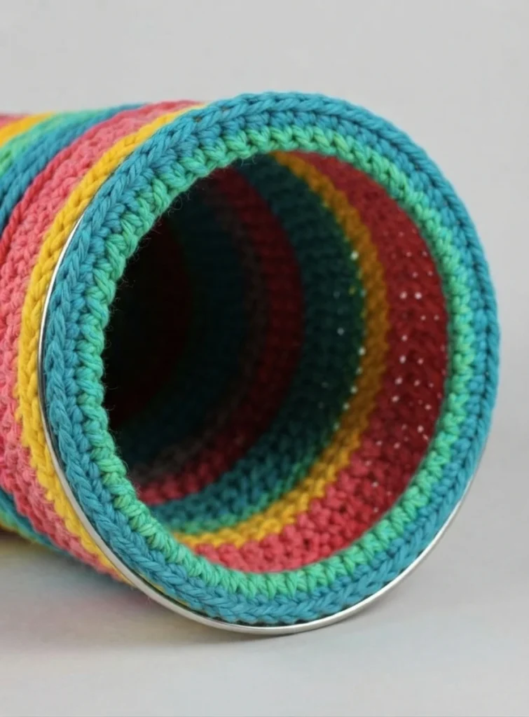 Close-up of a striped crochet cat tunnel opening with teal, pink, yellow and green yarn, showing the metal hoop edge at the entrance.