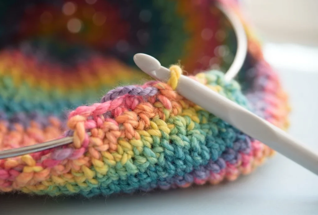 Close-up of rainbow striped crochet work around a metal hoop with a white crochet hook resting on the fabric.