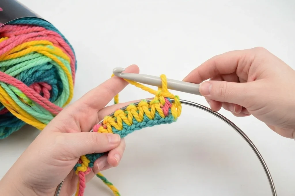 Hands working colorful yarn stitches around a metal hoop with a large crochet hook