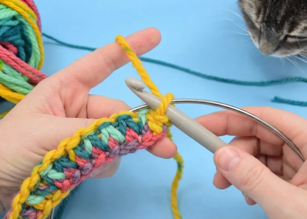 Hands crocheting single crochet stitches with variegated yarn around a metal hoop, with a cat watching nearby.