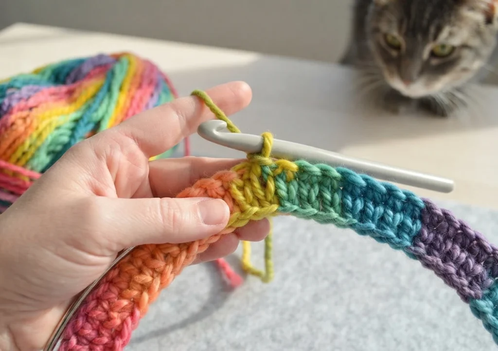 A hand holding a metal hoop partially covered with rows of colorful single crochet stitches, a crochet hook resting in the work, with a ball of rainbow yarn and a cat watching in the background.