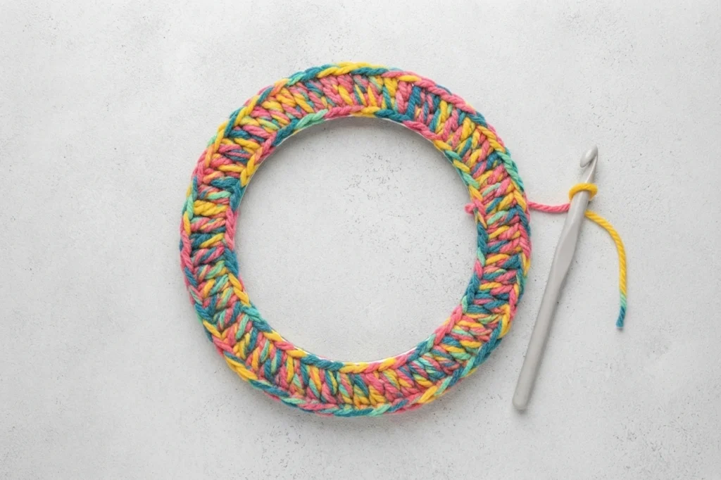 A metal hoop fully wrapped in rainbow single crochet stitches, with a crochet hook and working yarn resting beside it.