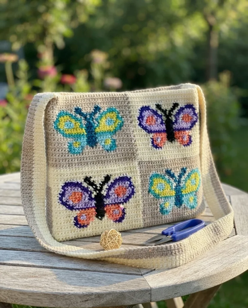 Crocheted day bag with four colorful butterfly motifs in purple, peach, teal and yellow on cream and beige panels, with a long strap on a wooden table outdoors